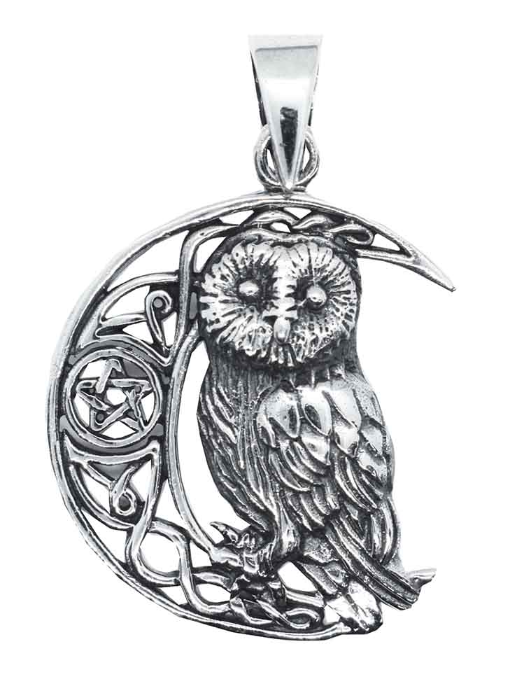Silver Pendant Owl On Moon