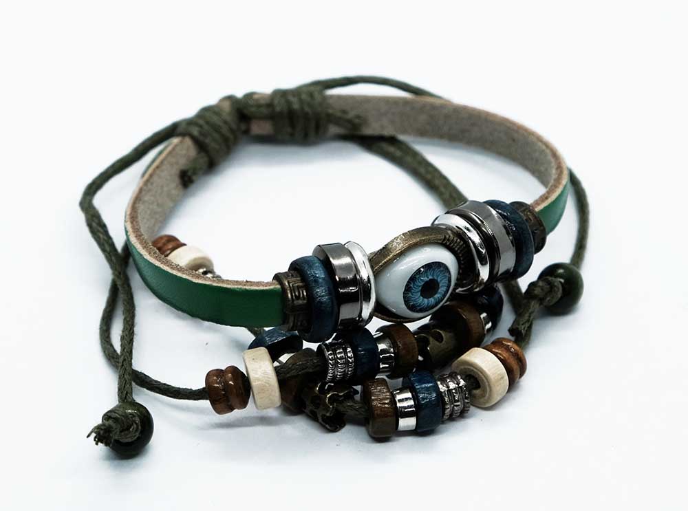 Bracelet Leather Evil Eye Grn