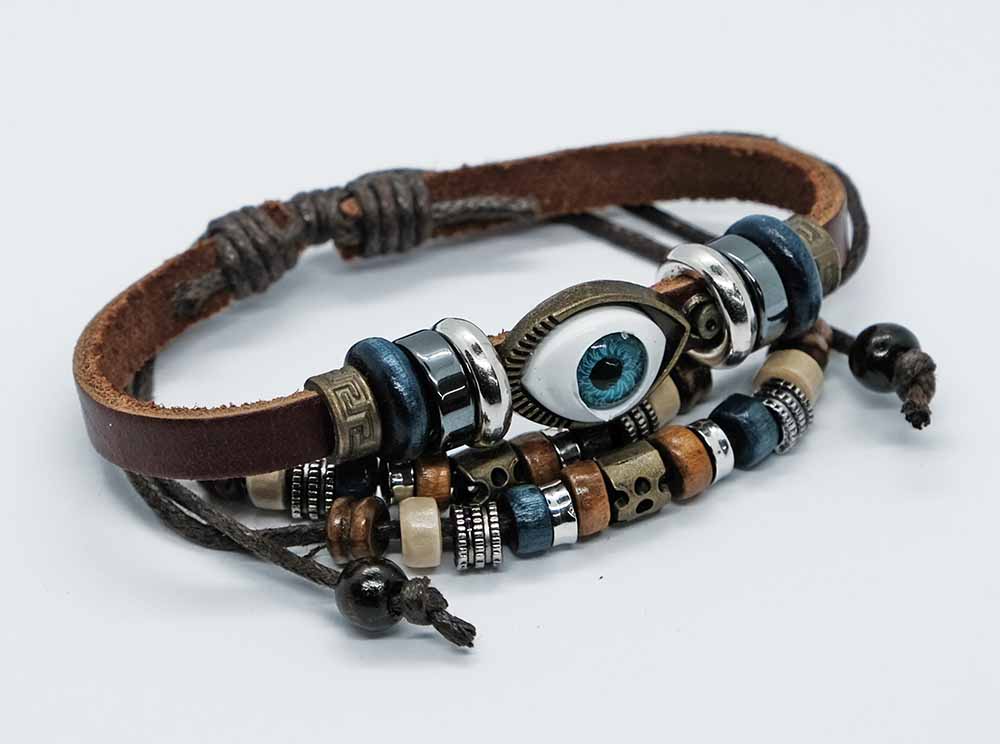 Bracelet Leather Evil Eye Brwn